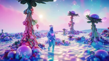 Alien landscape with vibrant colors and surreal flora - Powered by Adobe