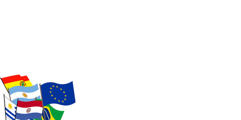 group of mercosur flags with european union flag on front; concept economic agreement between europe and mercosur coutries; element isolated over white (transparent)