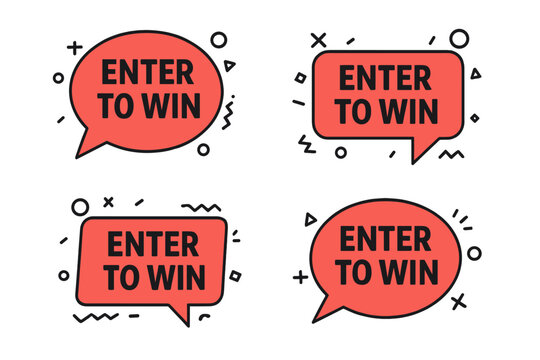 Enter to Win vector speech bubble set. Modern banners for contest, giveaway, lottery & raffle promotion. Prize competition announcement. Red text balloons with geometric shapes.