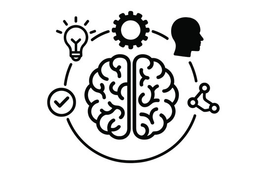 Creative thinking process icon. Brainstorming with brain, idea lightbulb, gear, head silhouette. Problem solving, innovation, knowledge, mental health and strategy concept.