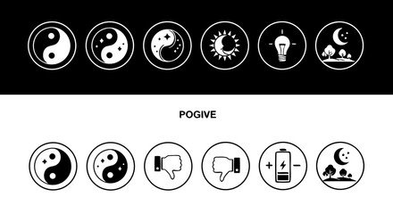 Duality and opposites thin line icon set. A vector collection of outline symbols for light and dark modes, showing contrast and balance.