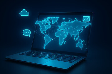 Laptop screen displaying a glowing world map connected by lines with cloud message and email icons representing global communication networking and cloud computing