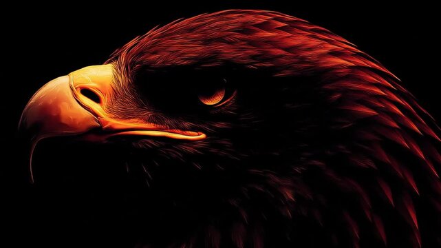 Intense close up of an eagle face with sharp features against dark background