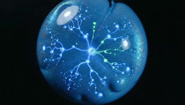 Illuminated blue neuron with glowing axon, dendrite branches and soma against black background, scientific illustration, close-up view