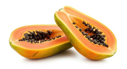 Fresh Papaya Fruit Halves with Bright Orange Flesh and Black Seeds on White Background