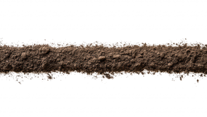 A close-up view of a fine line of brown soil or earth placed against a clean white background. highlighting its texture and color. ideal for agricultural or gardening themes