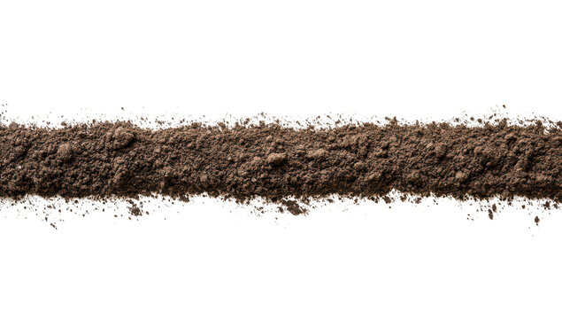 A close-up view of a fine line of brown soil or earth placed against a clean white background. highlighting its texture and color. ideal for agricultural or gardening themes
