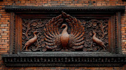 Peacock carving on a brick wall, an intricately carved wooden window frame