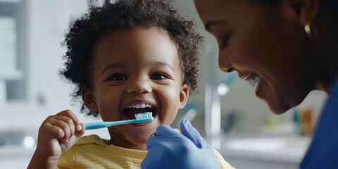 Pediatrician dentist showing little patient how to brush teeth.