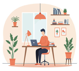 "Cozy Home Office Illustration with Human Working on Laptop, Indoor Plants and Minimalist Decor"