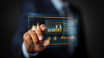 Businessman Analyzing Data with Interactive Touchscreen Technology in Modern Office Environment