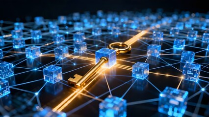 Golden key unlocks a secure, interconnected blockchain network, symbolizing data access and digital solutions.