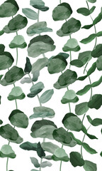 Seamless pattern with watercolor eucalyptus leaves on white background, for prints and other purposes.