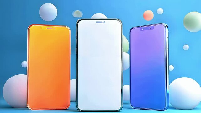 Three smartphones with colorful screens technology