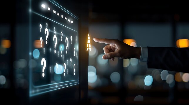 Innovative Technology Concept with Hand Touching Interactive Screen with Question Marks at Night