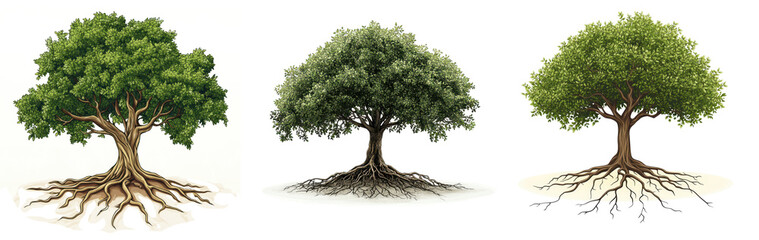 Collection of trees with visible roots, each with a different artistic style, PNG, isolated on transparent background.