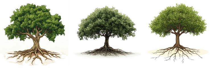 Collection of trees with visible roots, each with a different artistic style, PNG, isolated on transparent background.