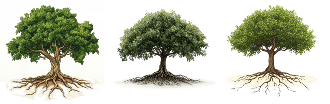Collection of trees with visible roots, each with a different artistic style, PNG, isolated on transparent background.