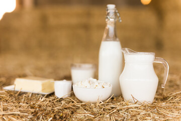dairy products on table against the background of hay