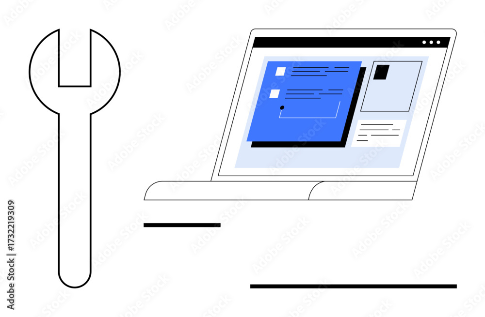 Wall mural Wrench beside active laptop screen with interface blocks and layout patterns. Ideal for tech support, development, repair, automation, connection, analysis, and adaptability in a simple flat metaphor