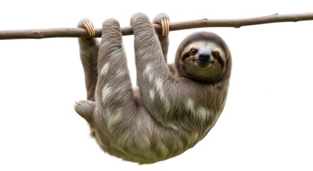Cute Sloth Hanging From Tree Branch with Relaxed Expression in Bright White Background