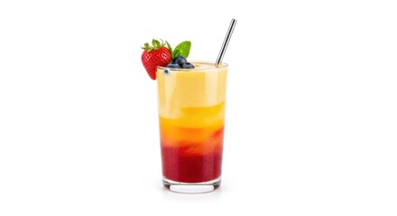 Colorful Layered Fruit Cocktail in Tall Glass with Fresh Berries and Mint on White Background