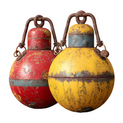 Two rusty vintage nautical buoys red and yellow