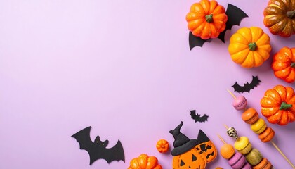 Halloween flat lay composition with pumpkins bats and sweet treats on a purple background.