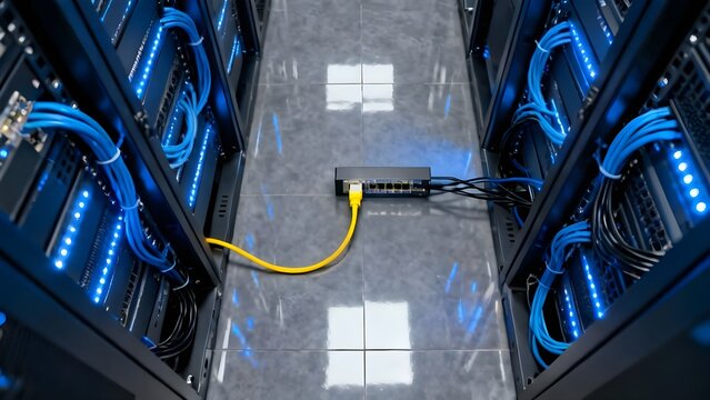 Blue LED lights illuminate a high-tech data center with network servers and cables, symbolizing digital connectivity.