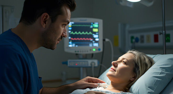 A concerned doctor comforting a patient lying in a hospital bed
