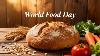 Golden crusted bread with wheat, fresh carrots, tomatoes and greens arranged for World Food Day on rustic wood background