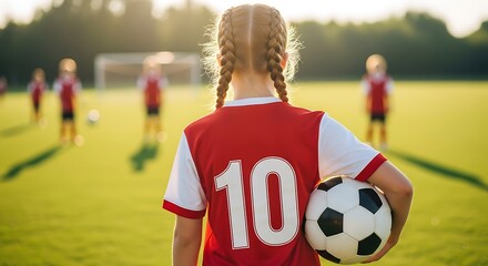 Young girl in red soccer jersey with number ten holding ball ready to play on field with teammates in background sunlit grass