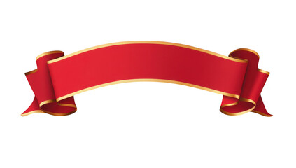 A red ribbon banner with golden edges. elegantly curved. suitable for decoration or announcement purposes. set against a clean white background for versatility in design