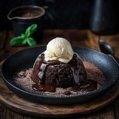 A molten chocolate lava cake with a scoop of vanilla ice cream, dusted with cocoa powder