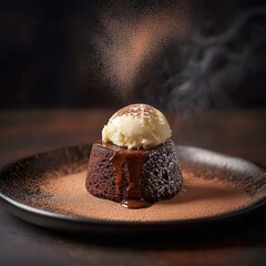 A molten chocolate lava cake with a scoop of vanilla ice cream, dusted with cocoa powder