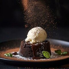 A molten chocolate lava cake with a scoop of vanilla ice cream, dusted with cocoa powder