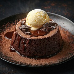 A molten chocolate lava cake with a scoop of vanilla ice cream, dusted with cocoa powder