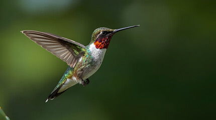 Fototapeta premium Ruby-Throated Hummingbird in Flight: A dazzling ruby-throated hummingbird, captured mid-flight with its wings gracefully spread.