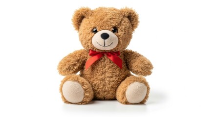 Cute Brown Teddy Bear Sitting with Red Ribbon on White Background