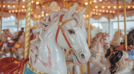 Carousel Horse: A detailed view of a classic carousel horse, exuding vintage charm and the playful spirit of amusement parks.
