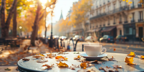 autumn coffee cup with steam on street table