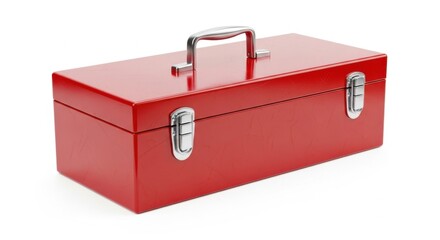 Red Metal Toolbox with Silver Handle and Latches on White Background