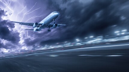 aerodynamics. An airplane taking off into a dramatic sky from an airport runway. mobility guides, transit brochures, designed for mobility and urban transit guides, clarifies navigation.