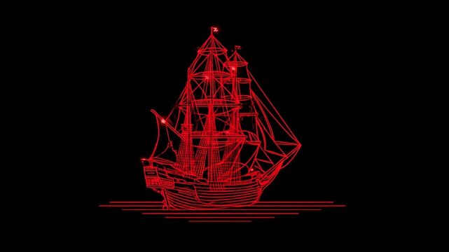 Vibrant red ship silhouette on black background vector illustration