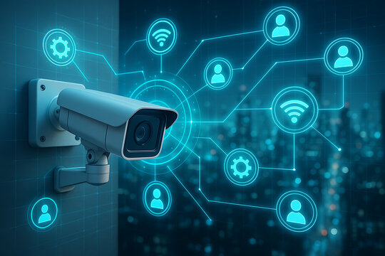 An outdoor security camera is connected to a network of glowing icons like users, wifi, and settings, symbolizing smart city surveillance and modern security systems technology - Powered by Adobe