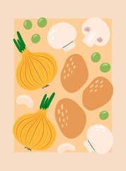 Vegetables poster for supermarket, kitchen, restaurant. Banner with potato, onion, champignon, peas. Culinary ingredients, organic food products, agricultural harvest. Flat vector illustration