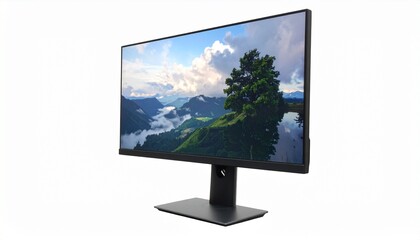 Fototapeta premium Modern desktop monitor with silver stand and black bezel displaying vivid ocean sunset scene. Warm colors, clouds, and distant island highlight high-resolution display and serene atmosphere.