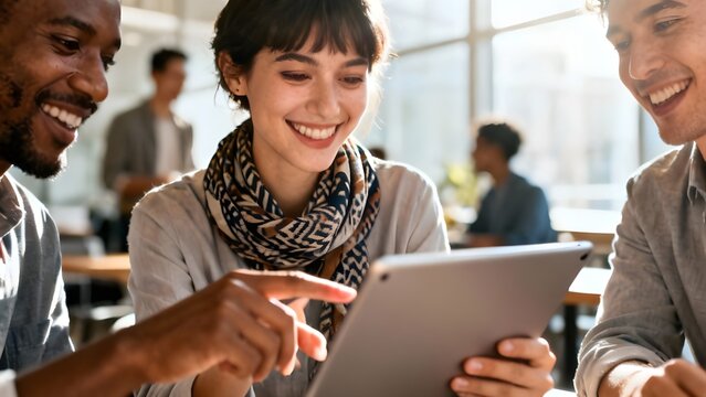 Diverse group of smiling young professionals collaborating with a digital tablet in a bright modern office.