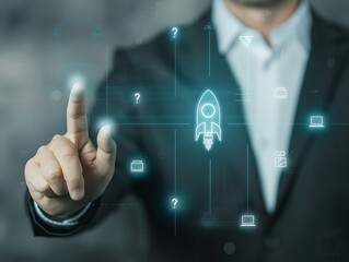 Businessman Interacting with Innovative Technology and Launch Symbols in a Modern Digital Background