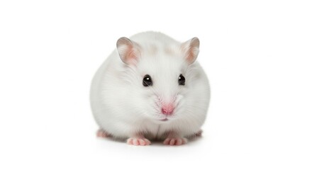 Obraz premium White Hamster Sitting on White Background with Pink Nose and Black Eyes